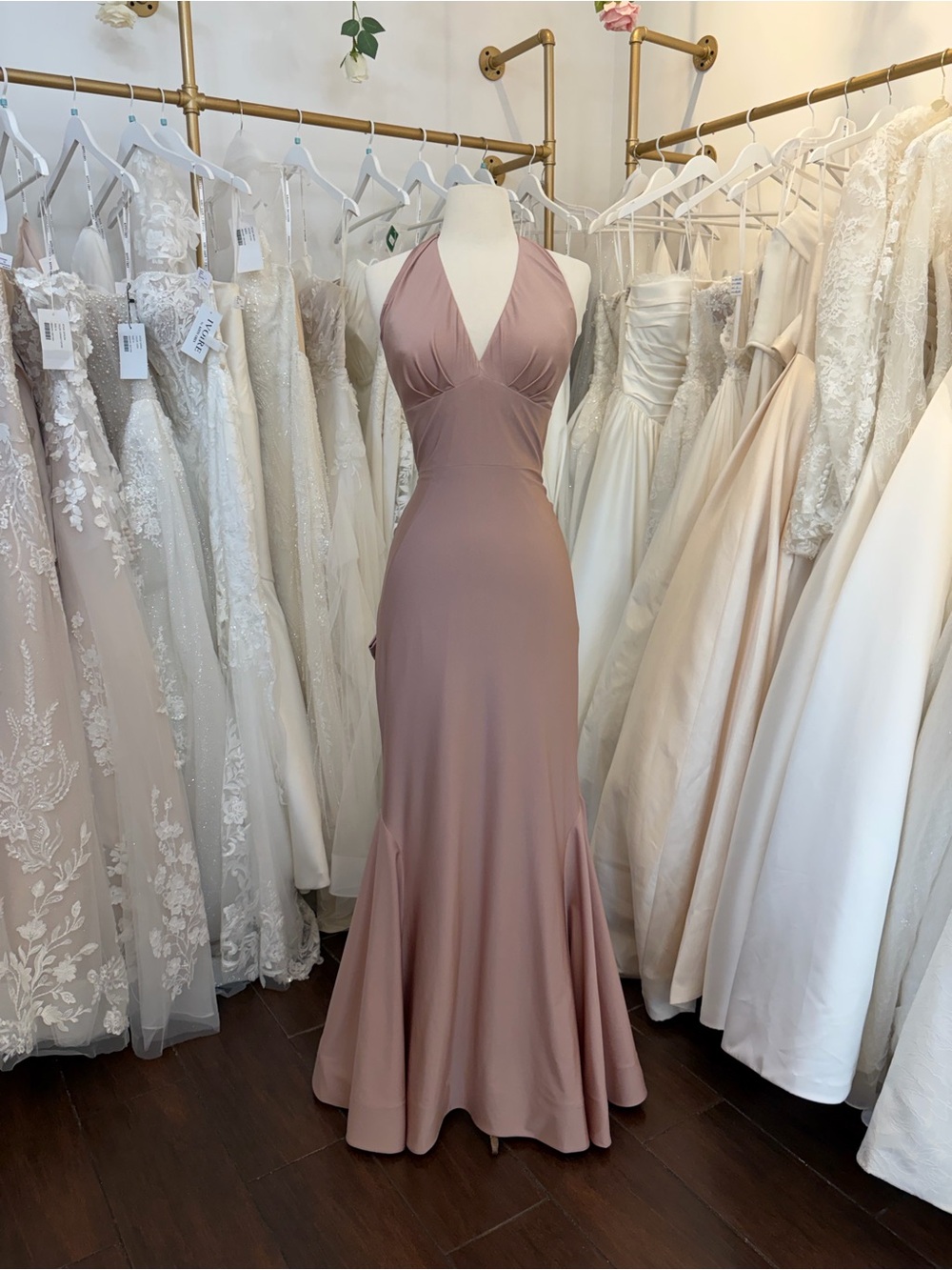Bari Jay Dusty Rose Halter Mermaid Gown